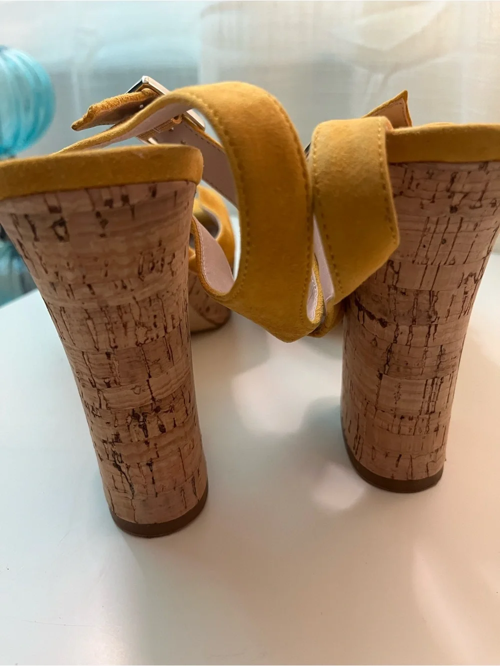 Nine West Yellow Suede Floral Appliqué Platform Heels